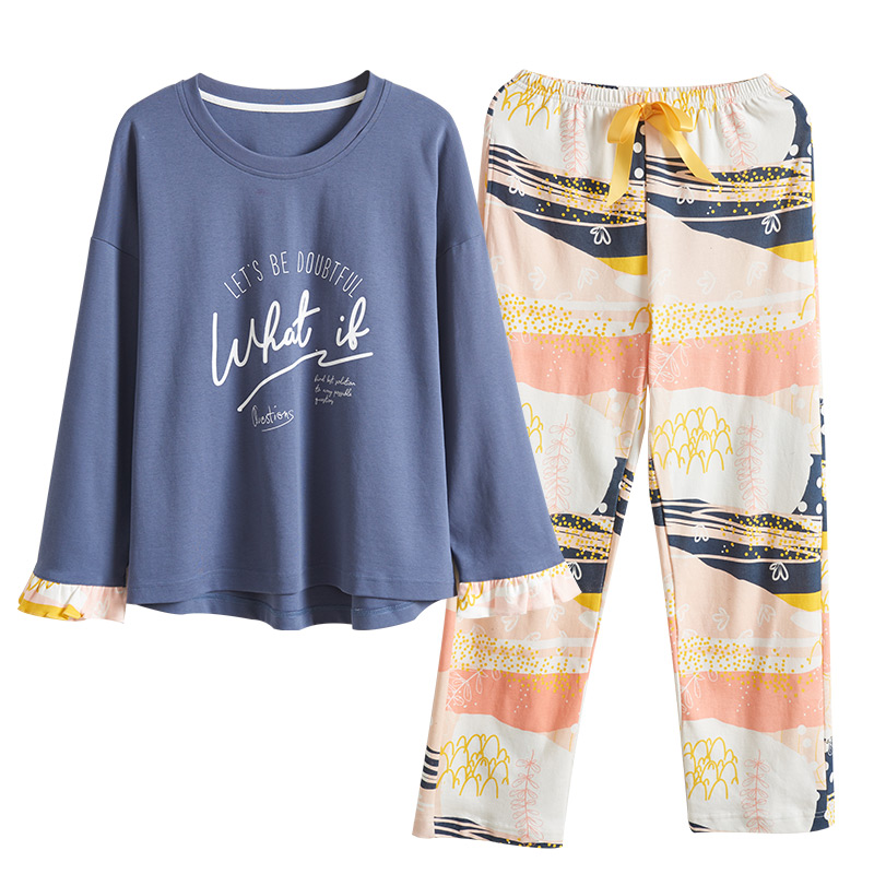 

L XL XXL XXXL 4XL Women Cotton Pajama Set Girl Print Pyjama Set Long Sleeve Sleepwear Suit Women Nightshirt Sets Autumn Winter, Blue