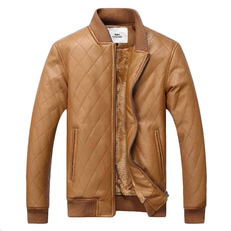 

High Quality Winter Warm PU Leather Jackets Coats For Men With Fur Inside Solid Warm Windbreaker Casual Winter Jacket for Men, Khaki