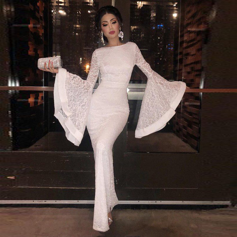 

2019 Sexy Round Neck Mermaid Evening Dresses Long Ruffle Sleeves Long Lace Women Formal Party Night Dress In Stock, White