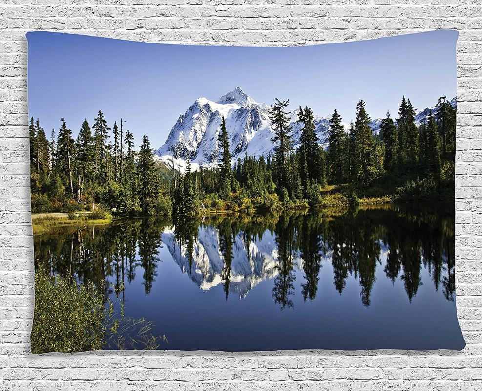 

Mountain Tapestry Forest Lake House Decor Pine Trees and Snowy Landscape with Crystal Lake Nature Photo Dorm Wall Hanging