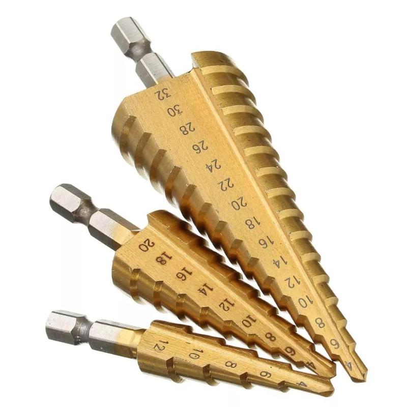 

3PCS Hss Step Drill Bit Set Cone Hole Cutter Taper Metric 4 - 12 / 20 / 32mm 1 4 "titanium Coated Metal Hex Core Drill Bits