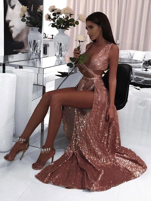 

Blush Pink Reflective Sequins Mermaid Prom Dresses 2019 Sexy Backless Black Girl Deep V Neck Long Formal Party Gown Plus Size BC1743, Red