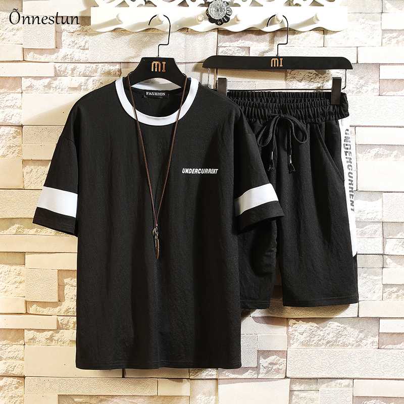 

Onnestun Summer Men sports suit 2020 New Casual short sleeve T-shirt shorts Loose Hip Hop Harajuku print two-piece set Suit, Black