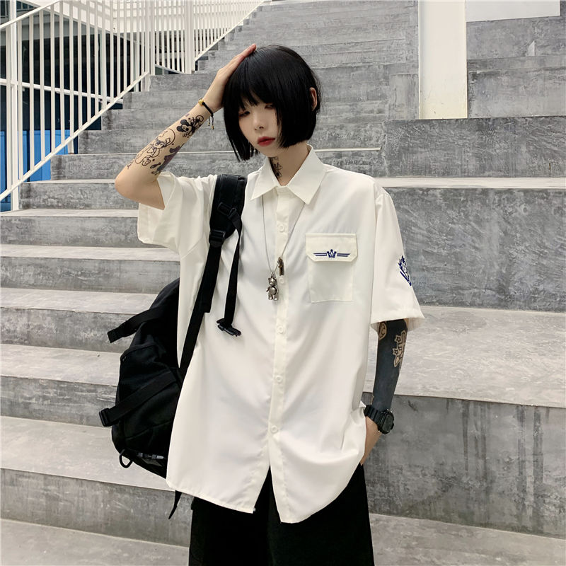 

2020 New Spring Korean Trend Couple Harajuku Loose Embroidery JK Uniform College Style Short Sleeve Cotton Street Casual Shirt, Shirt and tie