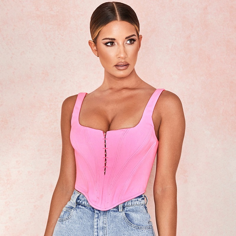 

Februaryfrost 2020 Women Summer Fashion Hidden Breasted Solid Vest Square Collar Backless Tank Top Slim Sleeveless Crop Top, Pink