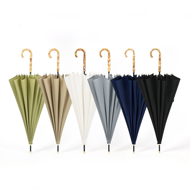 

16 Ribs Straight Umbrella Windproof Solid Color Long Handle Straight Umbrella Women Men Bamboo Handle Pongee Umbrella