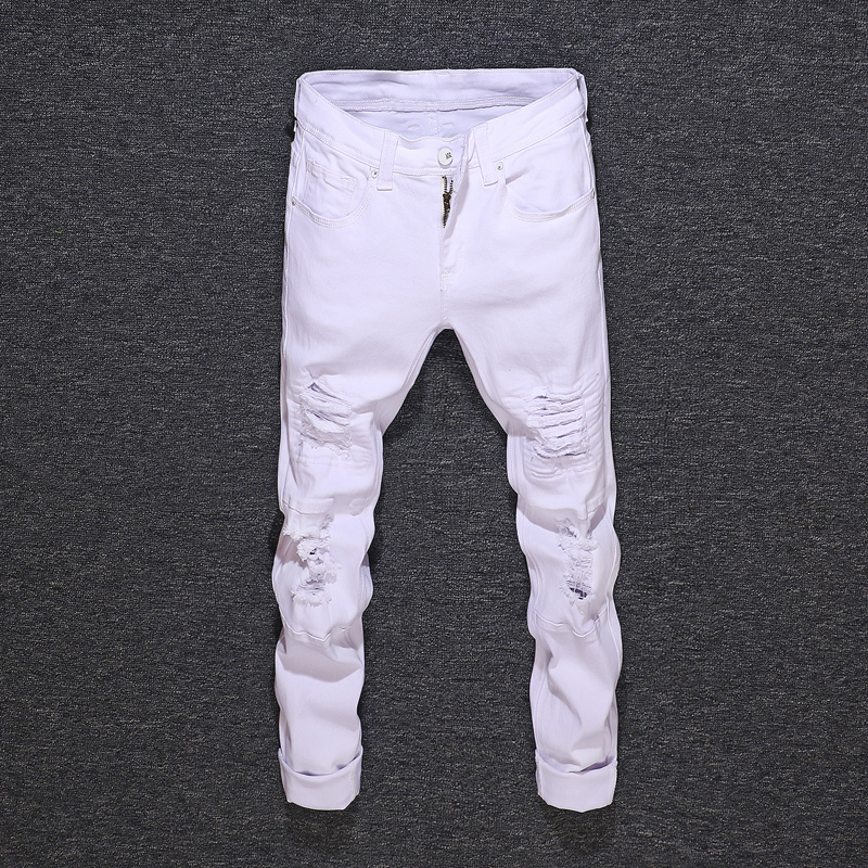 

Fashion Streetwear Men Jeans White Slim Fit Elastic Destroyed Ripped Jeans Men Denim Hip Hop Pants Vintage Designer Homme