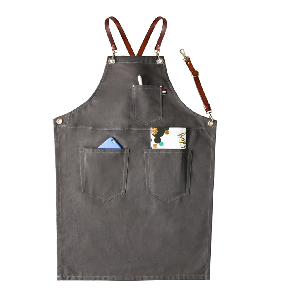 Home Garden Denim Work Aprons PU Leather Strap Apron Barista Barber
