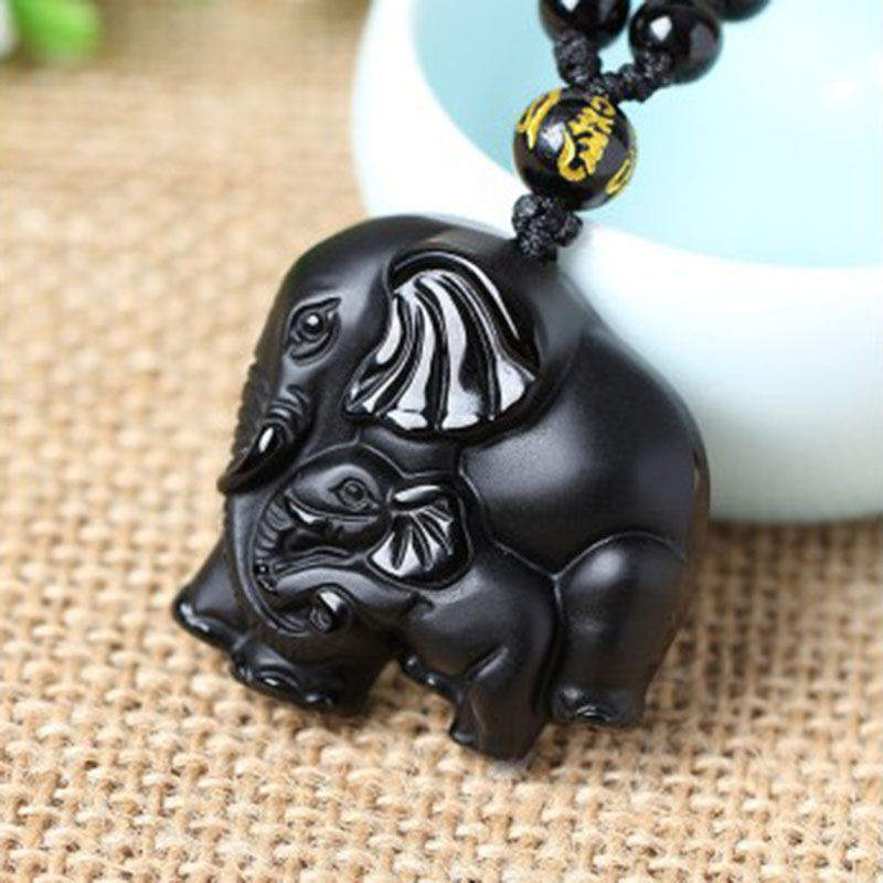 

Jadery Handmade natural obsidian auspicious wealthy mother elephant jade pendant necklace Gemstone Crystal Bead Chain Necklaces