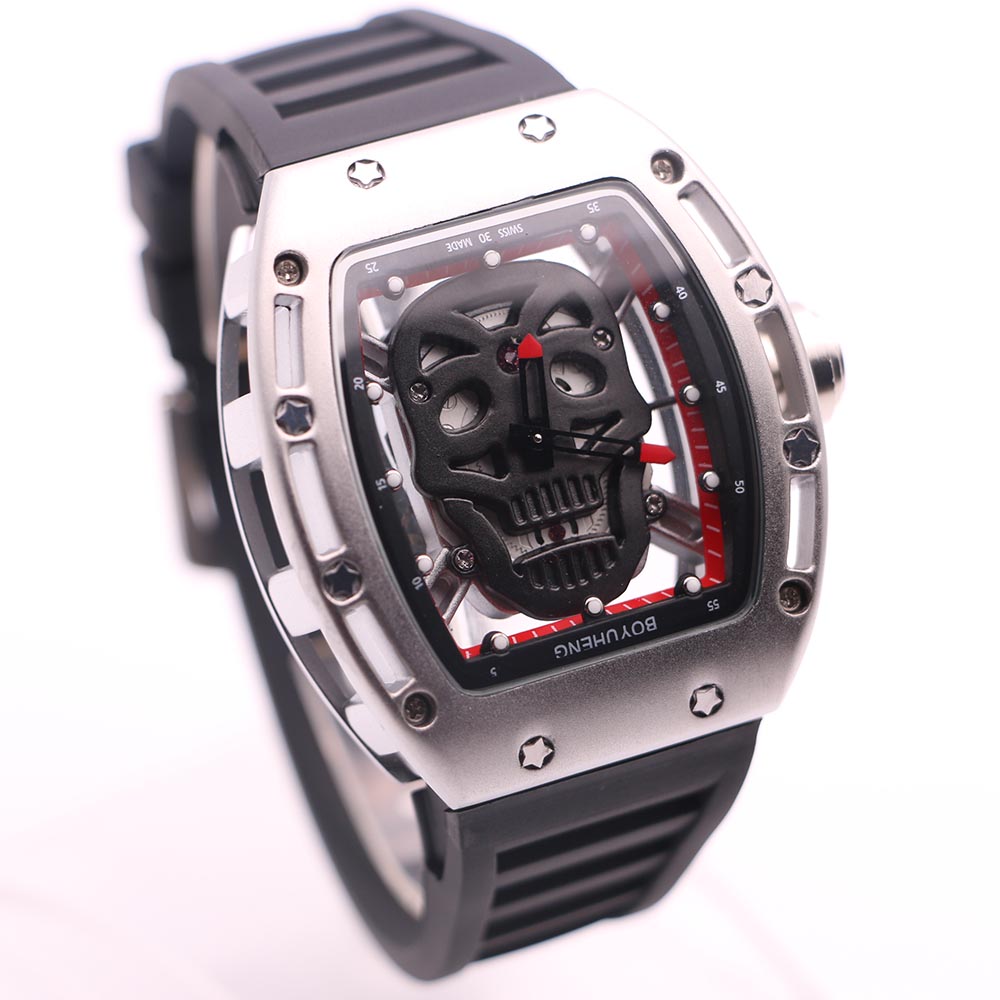 

Cool BOYUHENG Quartz Baterry 43MM Black Skull Skeleton Dial Mens Watches Tonneau Case Shape Transaparent Back Two Red Hands Wristwatches