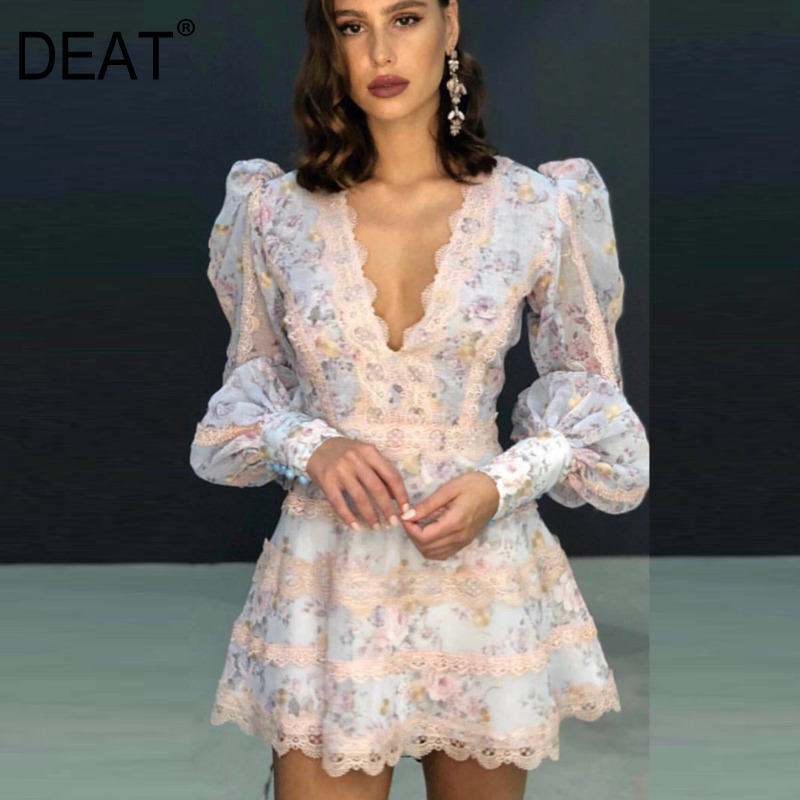 

DEAT 2020 New Spring V-neck Lantern Sleeve Lace Splice Dress Women Vintage Slim Print Sexy Temperament Dress Tide PD434, Picture color