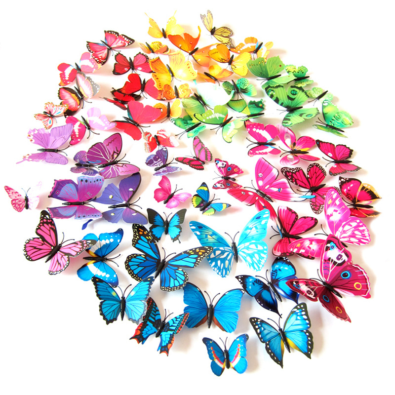 

12PCS/LOT 3D Butterfly Wall Sticker Magnet Fridge Cartoon Stickers 3D Butterflies Pin PVC Removable Wall Party Home Cloth Decors C6868