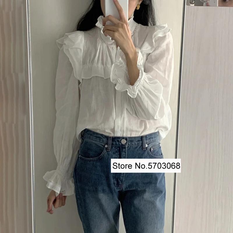 

Ladies 2020 Summer White/Black Linen Ruffle Blouse Top