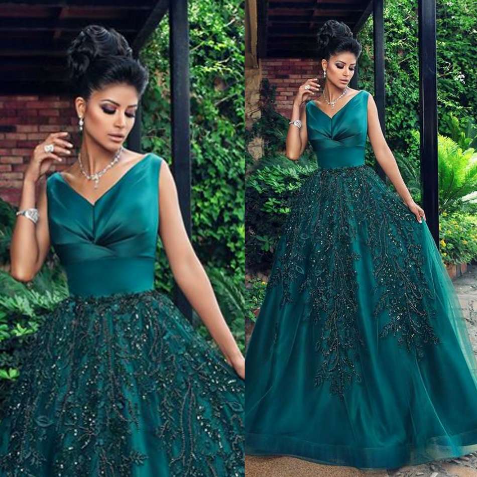 

Hunter Green Evening Dresses V Neck Satin Lace Appliqued Beads A Line Floor Length Prom Dress Custom Made Sleeveless Formal Party Gowns, Coral