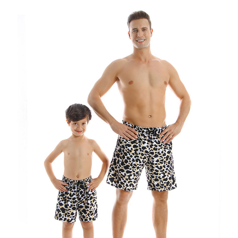 

2020 Summer Seaside Dad Father Son Beach Shorts Leaf Print Short Pants Quick Dry Family Matching Daddy And Me Men Boys Trouser, Black