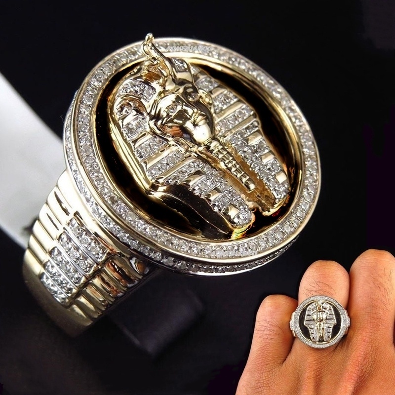 

Cool Male 18k Gold Two Tone Black Enamel Diamond Ring Egyptian King Tutankhamun Ring Men Wedding Party Jewelry Size 7-13, Silver
