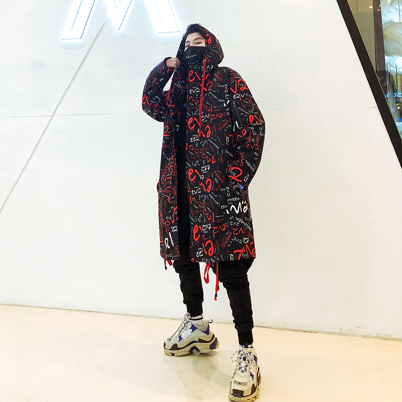 

Long Jacket Trench Mens Full Letter Printed Harajuku Hooded Windbreaker Hip Hop Autumn Winter Overcoat Male Casual Outwear, Red