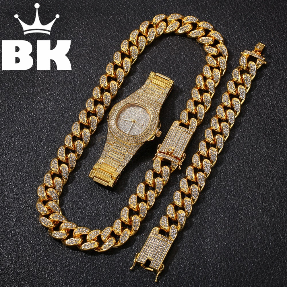 

Hip Hop Gold Color Cuban Chain Gold Silver Necklace and Bracelet Set Free Luxury Combination of Watch and Necklace Set T200113