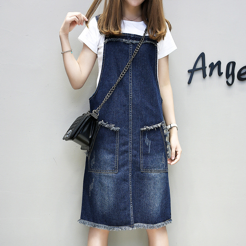 

Plus Size 5XL Summer Autumn Women Denim Dress Sundress Casual Loose Overalls Dresses Female Solid Adjustable Strap Jeans Dress, Dark blue