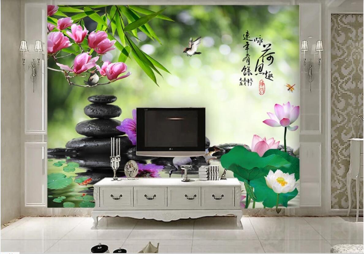 

3d wallpaper custom photo murals Background wall Fish fun lotus nine fish illustration TV background wall home decor wall art pictures, Picture shows