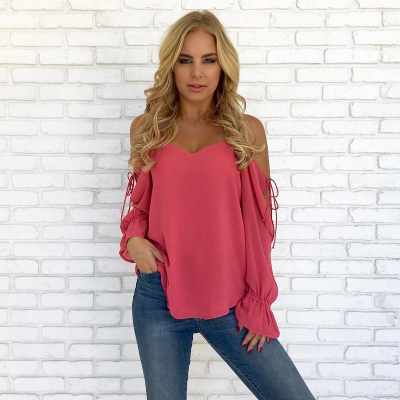 

Autumn Woman Shirt Cold Shoulder Hollow Out V-neck Woman Shirts Solid Hole Sexy Slim Comfortable Female Shirts Women Tops, Blue