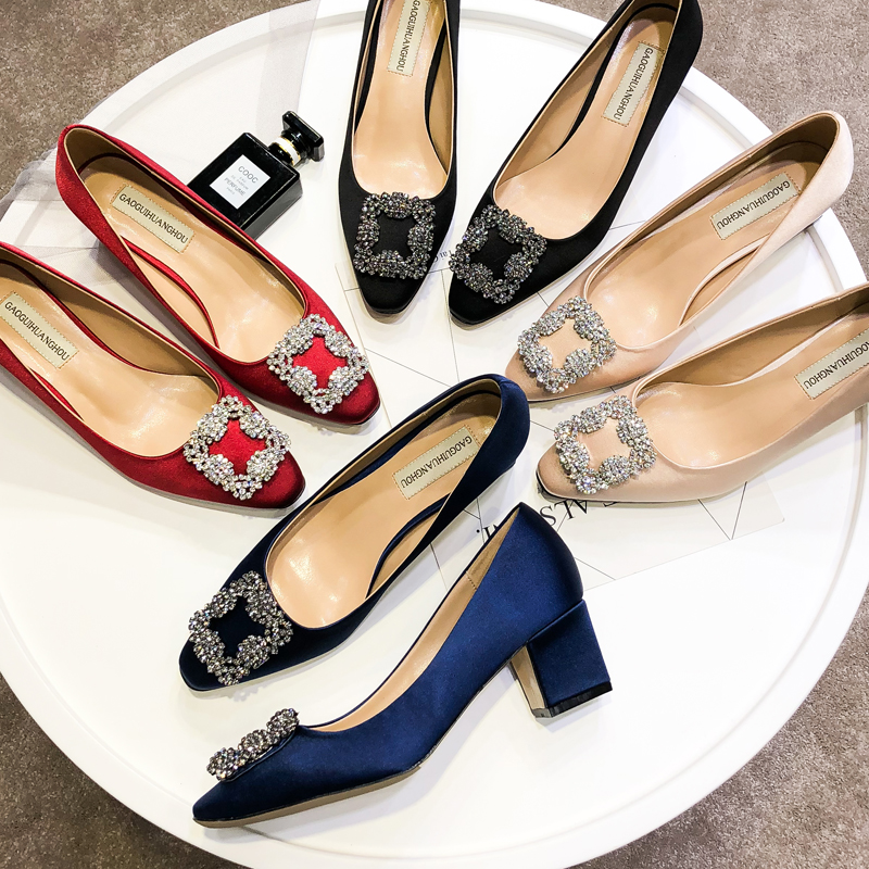 

new free shipping Wedding women fashion silk satin Rhinestone Crystal round Toes high HEELED heels shoes chunky Stiletto Heel shoes pump, Black