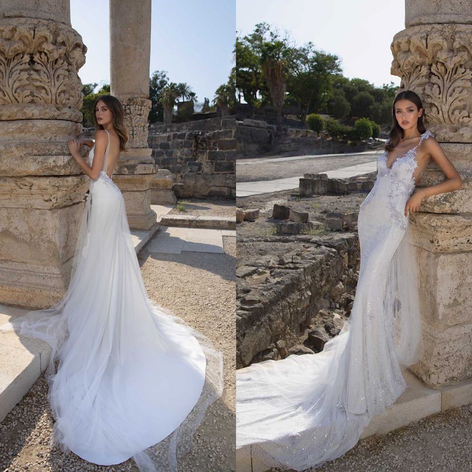 

Fashion Wedding Dresses Sexy V Neck Backless Crystal Beads Applique Lace Mermaid Bridal Gowns Custom Made Sweep Train Robe De Mariée, Silver