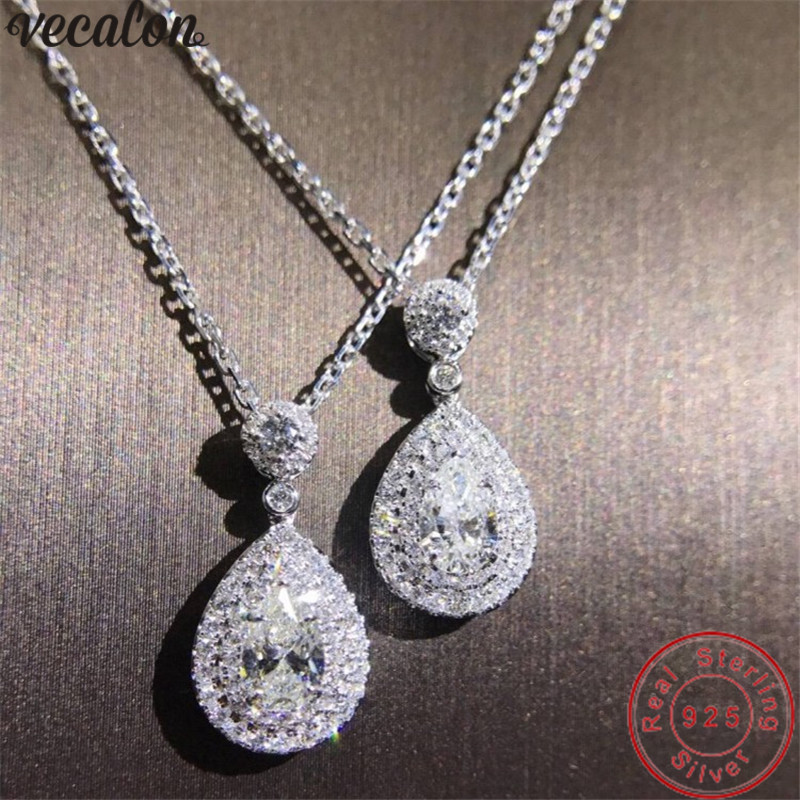Vecalon pendentif en forme d'eau en argent Sterling 925 Sona zircon pendentifs de fiançailles de mariage avec collier pour femmes bijoux de marié