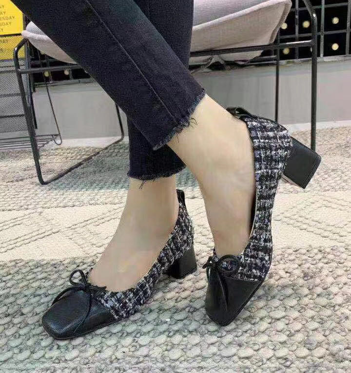 

2020022903y spring 5.5cm kitten heel black ivory genuine leather bow woolen tweet chunky heels shoes work, Black/ask size first