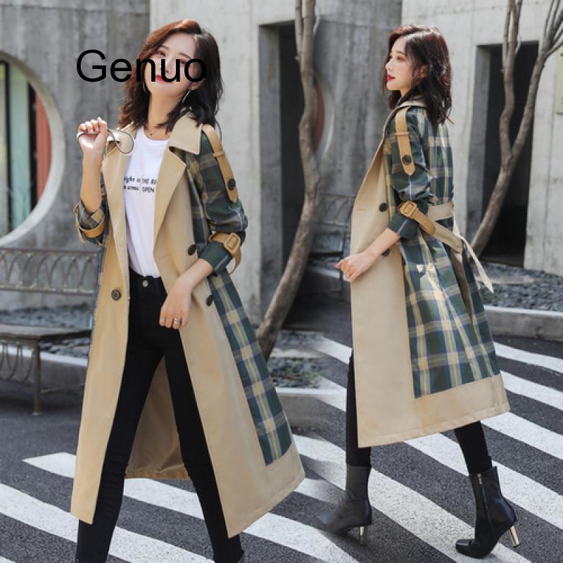 

Patchwork Plaid Trench Coat For Women Windbreaker Casual Korean Fashion Belt Coat Female Womens Clothing Overcoat Outwear, Khaki