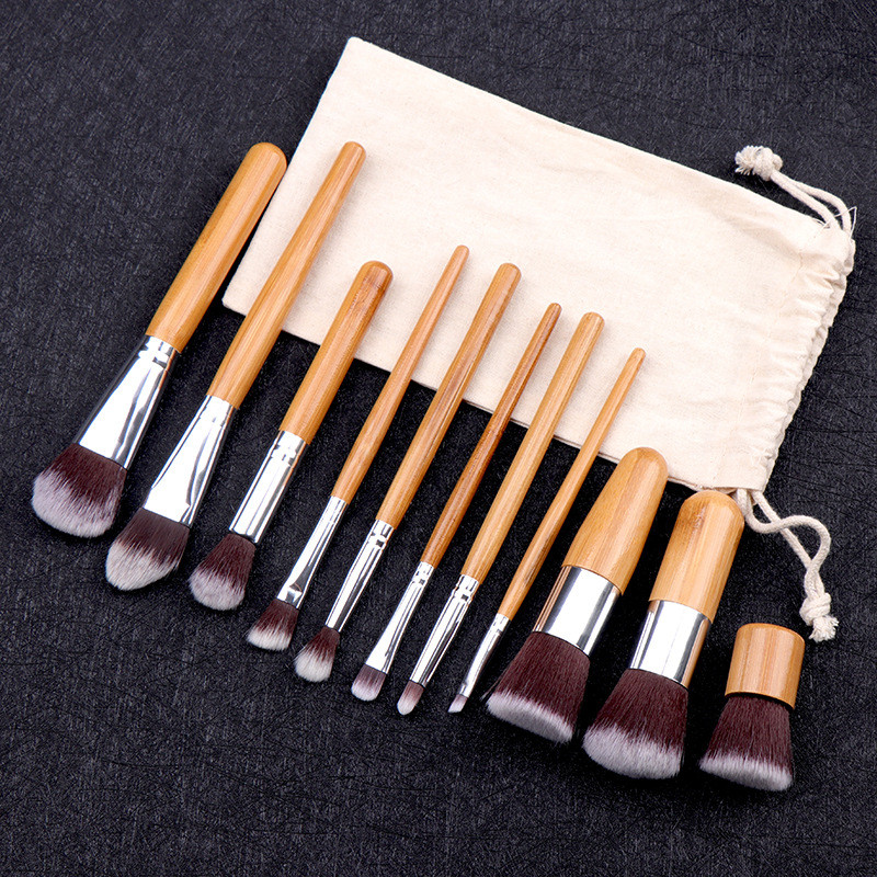 

11pcs makeup brush set bamboo handle linen bag 11pcs bamboo handle makeup brush set Beauty tools with bag