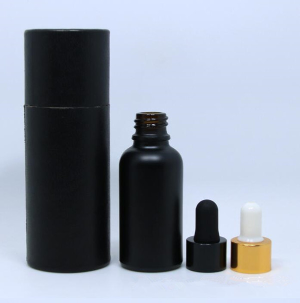 

1 oz 30ml matte black glass dropper bottle round frosted black essential oil e liquid bottle paper cylinder tube packaging custom logo
