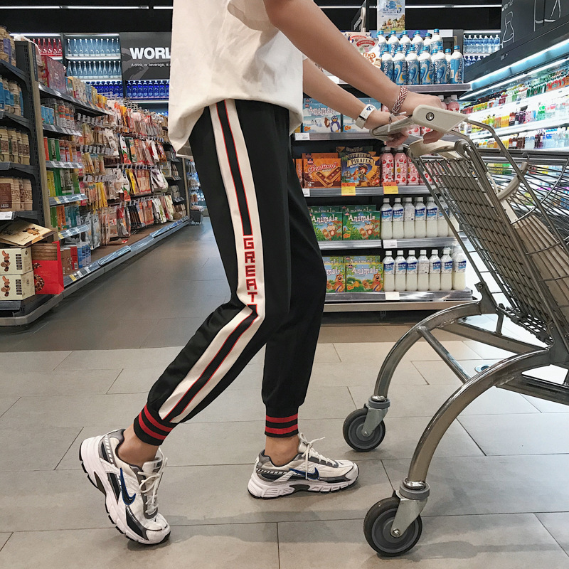 

2019 New Men Pants Fashion Patchwork Men's Trackpants Casual Color Block Fall Full Length Mid-Waist Micro-Elastic Pencil Pants, Black