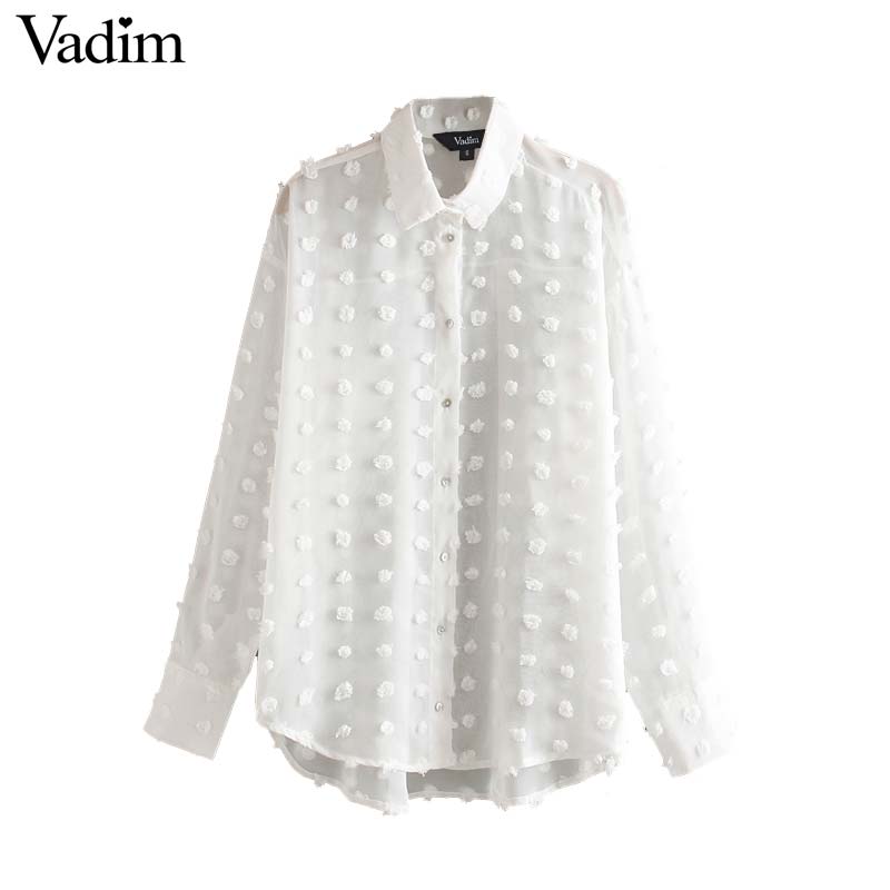 

Vadim women elegant chiffon solid white irregular blouse long sleeve turn down collar buttons female chic office wear tops LB221