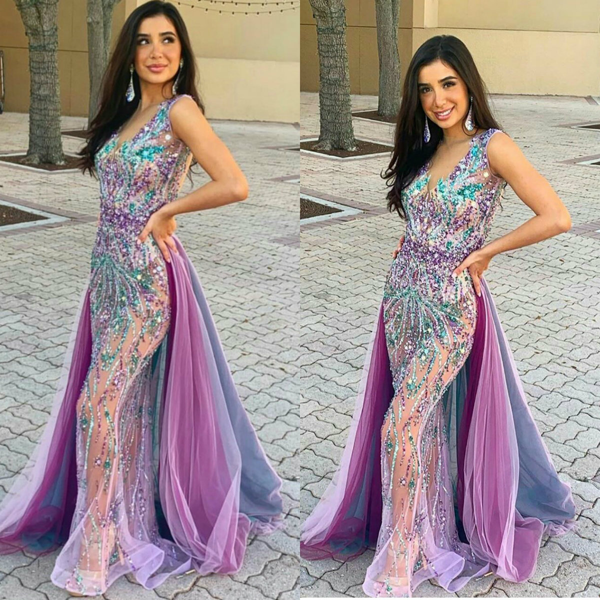 New Mermaid Prom Dresses 2020 V Neck Lace Appliqued Sleeveless Colorful Bead Evening Dress With Detachable Train Custom Made Robes De Soirée