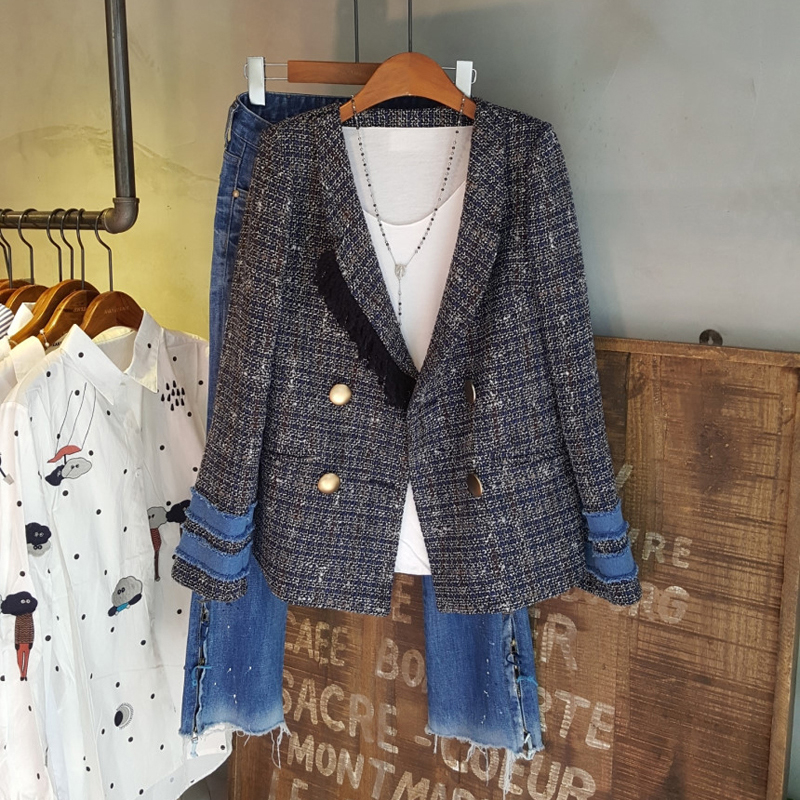

2019 Spring Autumn New Plaid Pearl Buttons Blazer Fashion High Quality Women Notched Collar Tweed Suit Jacket Cardigan Outerwear LY191123, Lattice