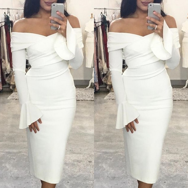 

Modern Off The Shoulder Short Prom Dresses Long Sleeve Tea Length White Cocktail Party Dresses robes de soirée