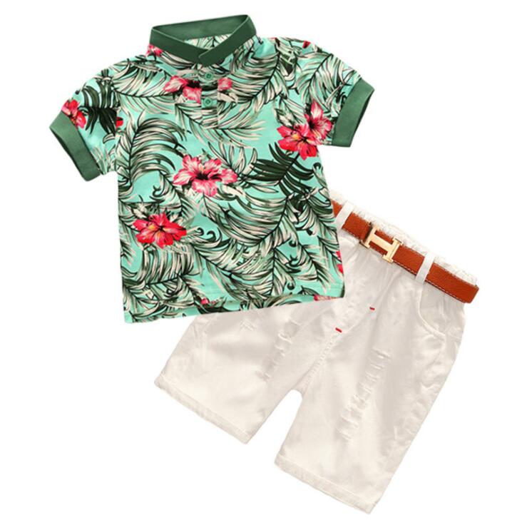 

3pcs/lot INS Baby boys suit short floral top+denim pants+belt summer fashion boutique kids clothing set, As pictrue