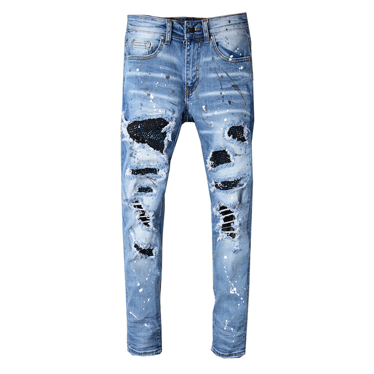 

Men Jeans Brand Blue Elastic Destroyed Ripped Biker Jeans Men Patches Broken Pants Hip Hop Skinny Homme