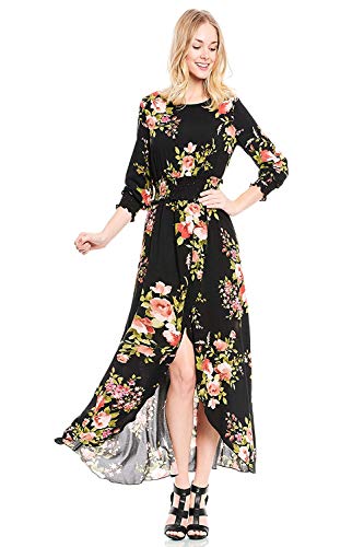 

Truly Me, Women's Gorgeous Split Floral Print Flowy Faux Wrap Boho Maxi Dress, Black dusty rose