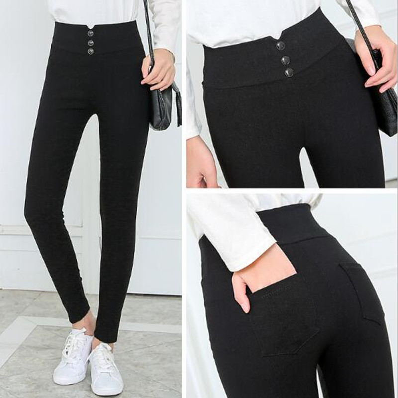 

WKOUD High Waist Pencil Pants For Women 3 Buttons Black Solid Skinny Leggings Female Casual Trousers Summer Footless P8348