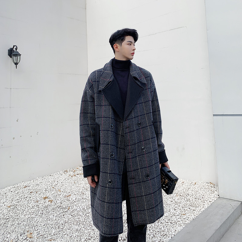 

Men Wool Plaid Trench Coat Outerwear Spring Autumn Male Vintage Fashion Casual Loose Long Jacket Overcoat, 301
