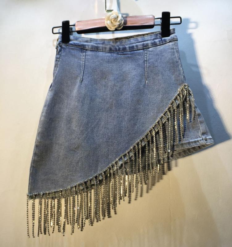 

Denim Skirts for Women Summer New Heavy Tassel Diamond High Waist Thin Stretch Denim Skirt Female Mini Skirt Jeans Jupe Mujer, Dark blue