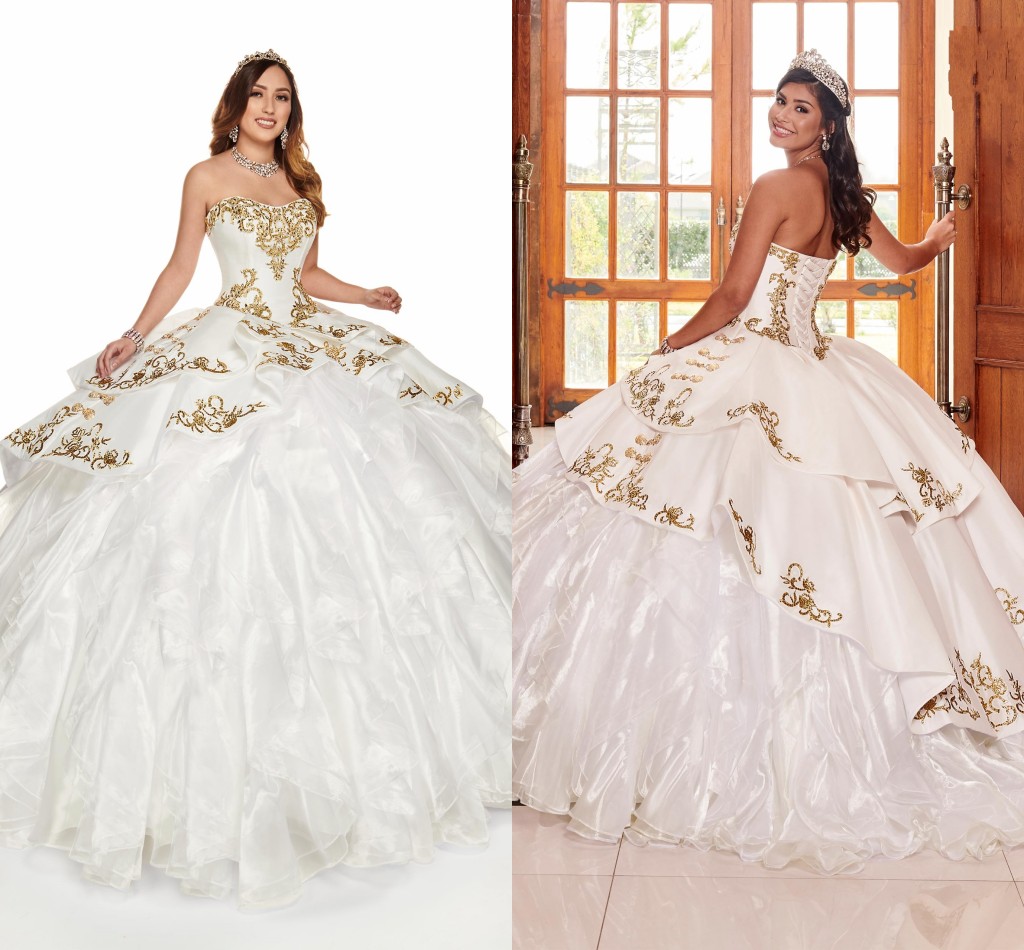 

2020 Modern Gold Embroidery White Quinceanera Dresses Organza Ruffles Skirt Strapless Lace-up Sweet 16 Dress Ball Gown Women Prom Dress, Red