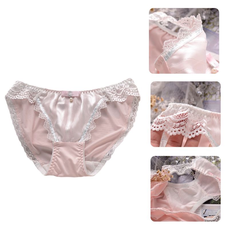 

Women Milk Fiber Low Rise Panties Sweet Bow Faux Pearl Lolita Briefs Underwear Princess Floral Lace Ruffles Lingerie, Pink