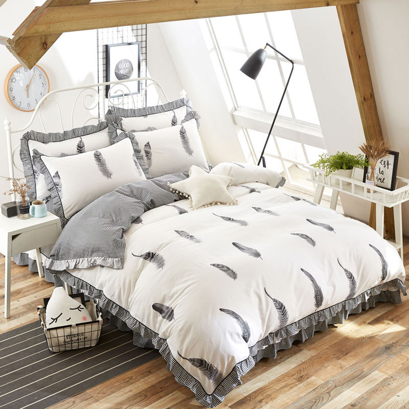 

Sheets Quilt Cover Four-piece Pure Cotton Twill Feather Black and White Grid Lotus Leaf Edge Bedding High Density Soft Dear Skin, 4pcs white