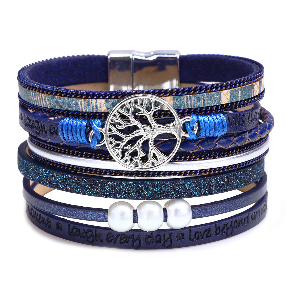 

2019 Tree of Life Multilayer Leather Wrap Bracelet Boho Pearl Gorgeous Cuff Bracelet with Magnetic Buckle Casual Bangle for Women Girl
