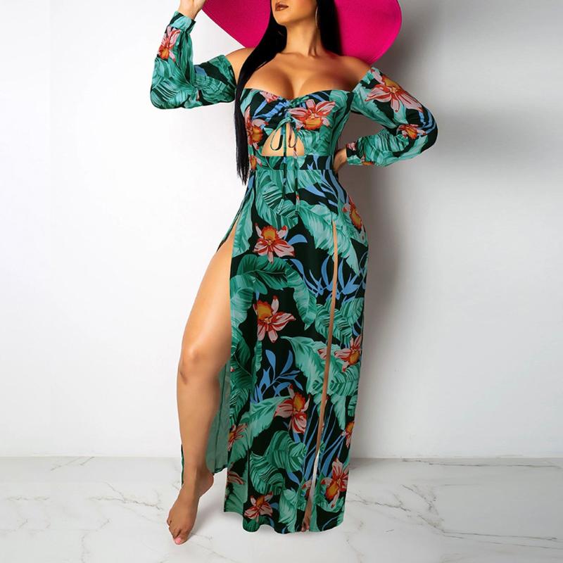 

Home&Nest Womens Sexy Print Strapless Irregular Split Long Dress Fashion Long Sleeve Evening Party Floor-Length Dresses Summer, Black