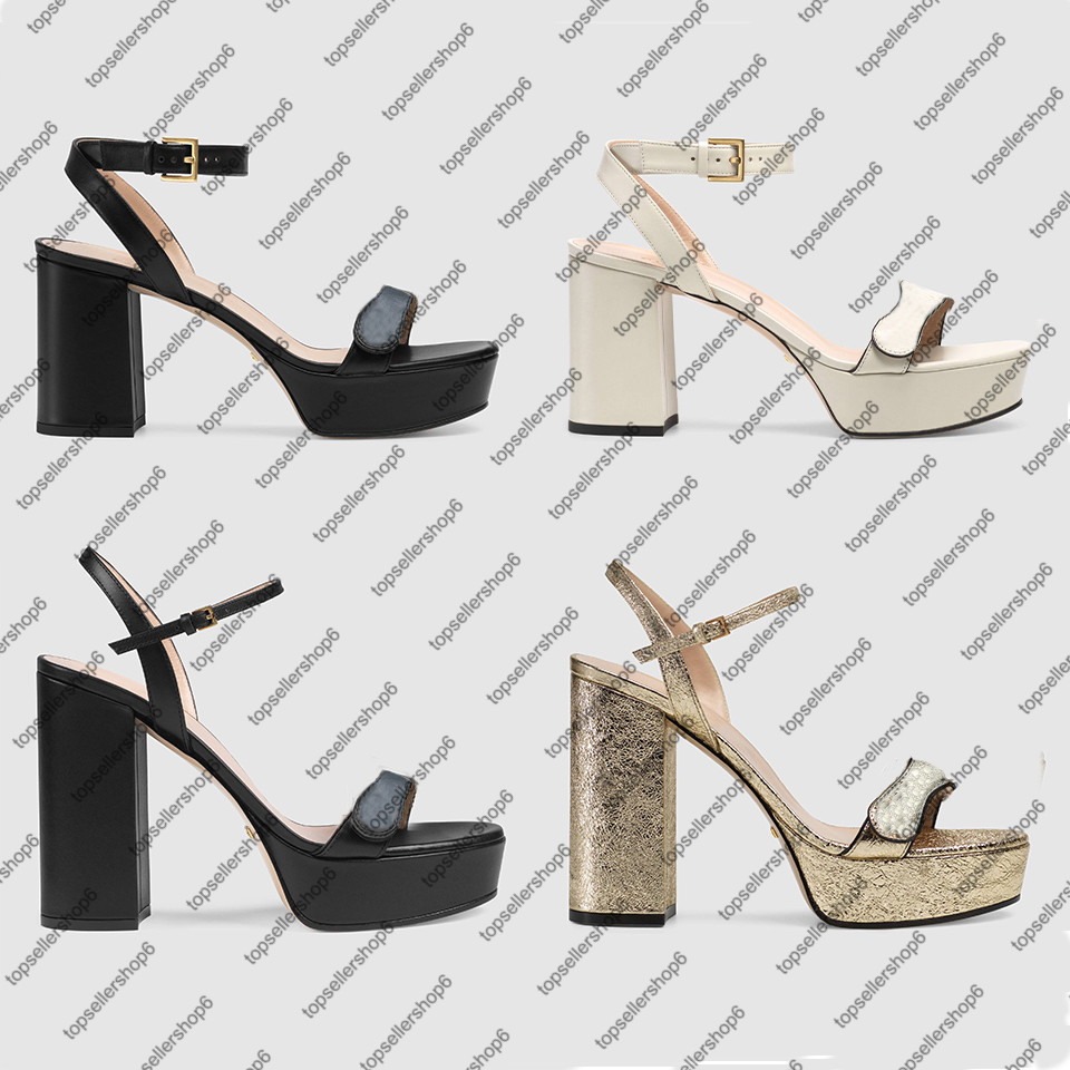 

Women Chunky High Heel Platform Ankle Sandal Adjustable Strappy Calf Leather Shoes Double Metal Buckle Lady Summer Party Dress Wedding Shoes, Not sell alone gift bag