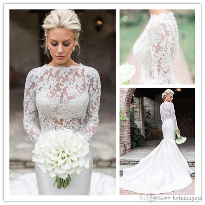 

2018 Elegant Vestido De Noiva Manga Longa Mermaid Ivory Lace Wedding Dresses Sheer Neck Long Sleeves Wedding Gowns Bridal Wedding Dress, White